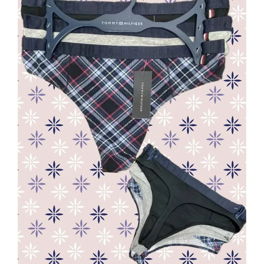 Tommy Hilfiger XL Black-Gray-Plaid Printed Name Waist Cotton Thong Panties-3 Pk